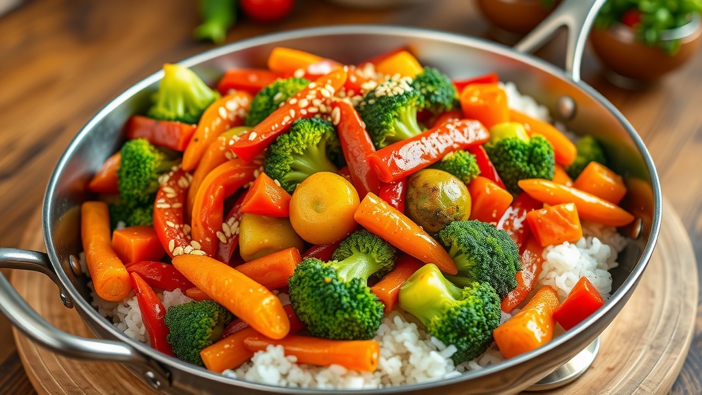 Colorful Vegetable Stir Fry Recipe A colorful vegetable stir fry with bell peppers, broccoli, and carrots served over rice, garnished with sesame seeds on a rustic table.
